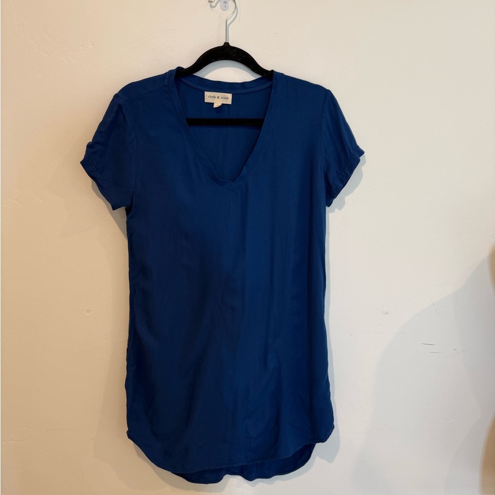 Cloth & Stone Blue V-Neck Short Sleeve Shirt Dress Womens Small Rayon Casual